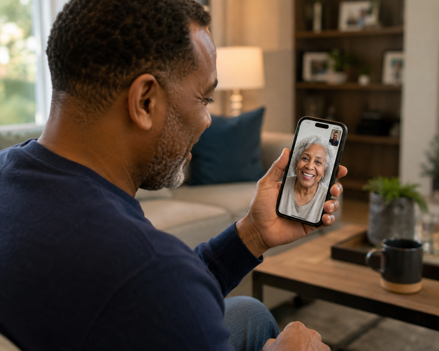 A senior father and adult son smiling as they look at a smartphone together.
