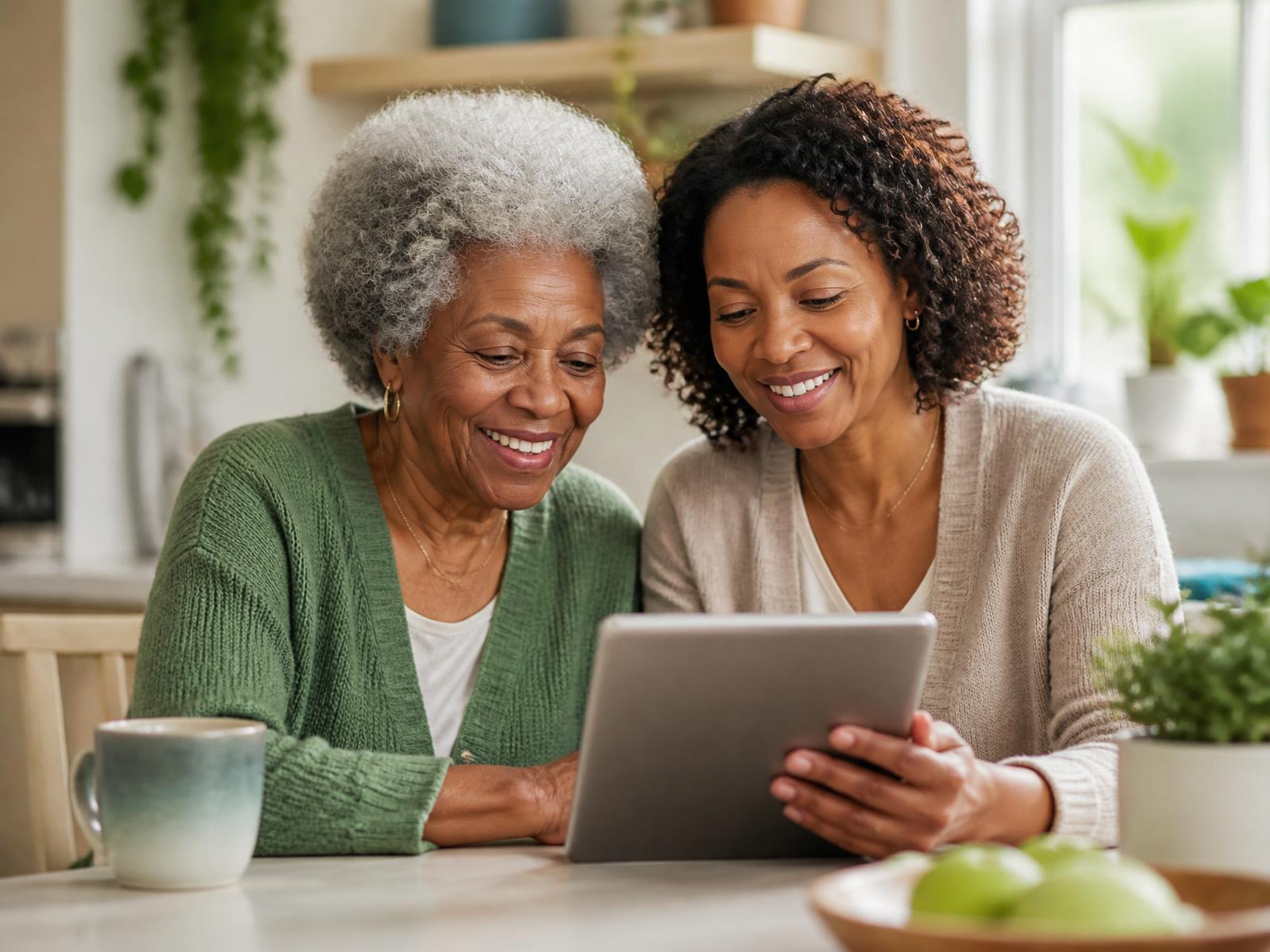 An adult daughter sitting at a bright kitchen table with her mother, looking at a tablet together.