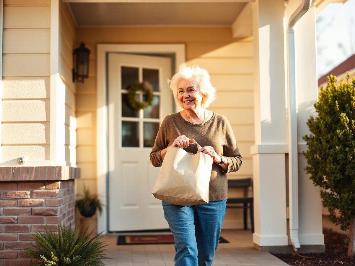 An independent senior woman confidently walking out of her home.